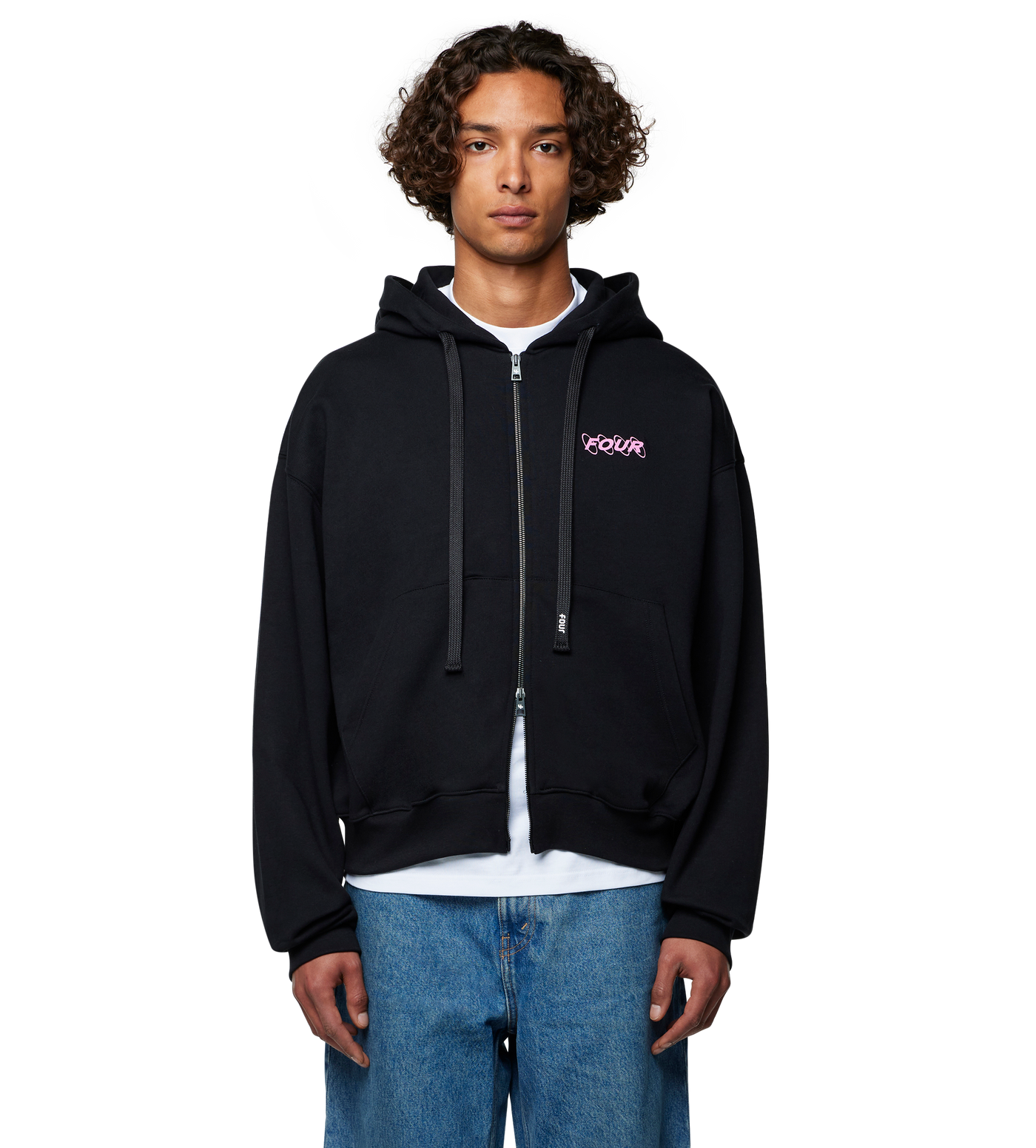 Circles Boxy Zip Up Hoodie Black/ Pink