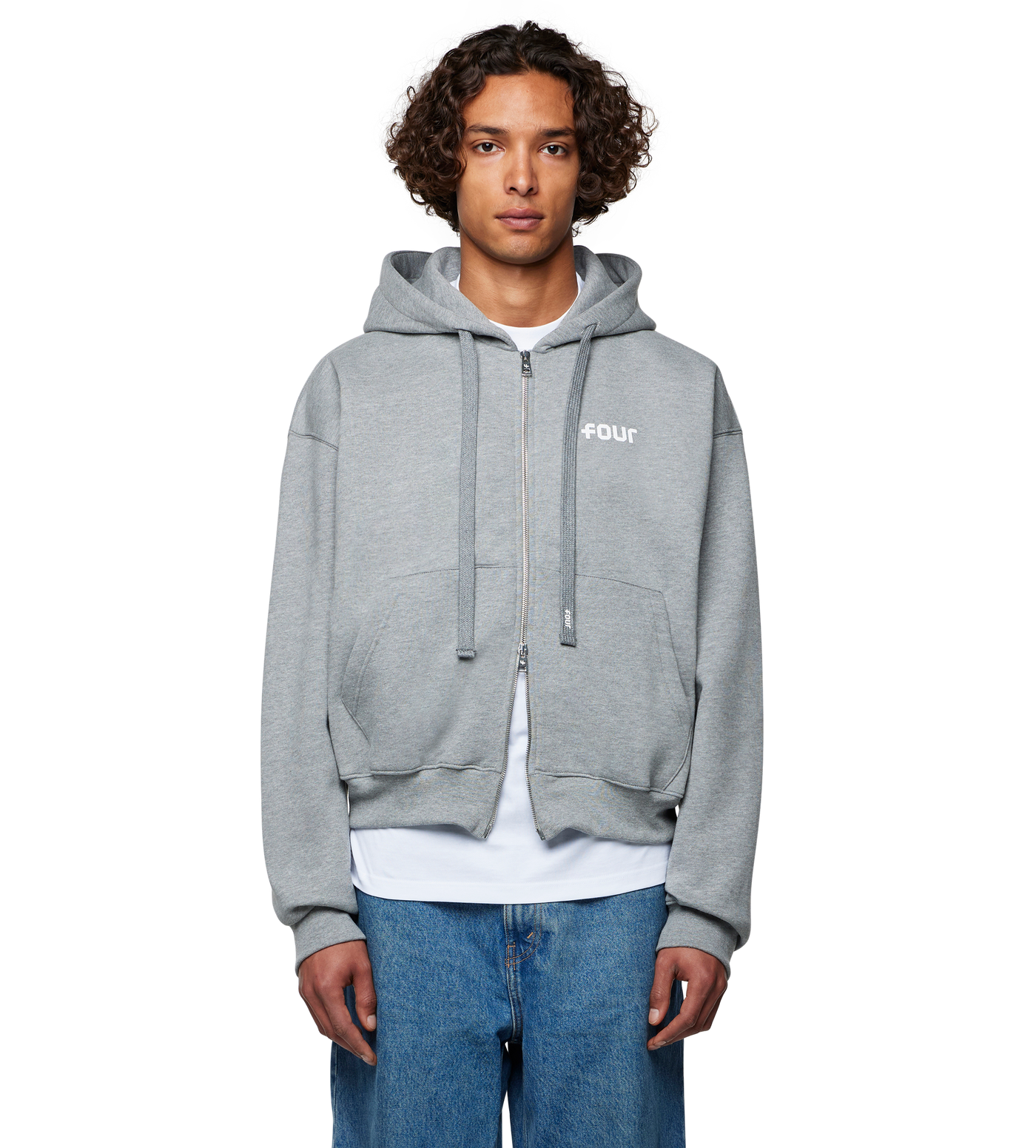 Logo Boxy Zip Up Hoodie Grey Melange