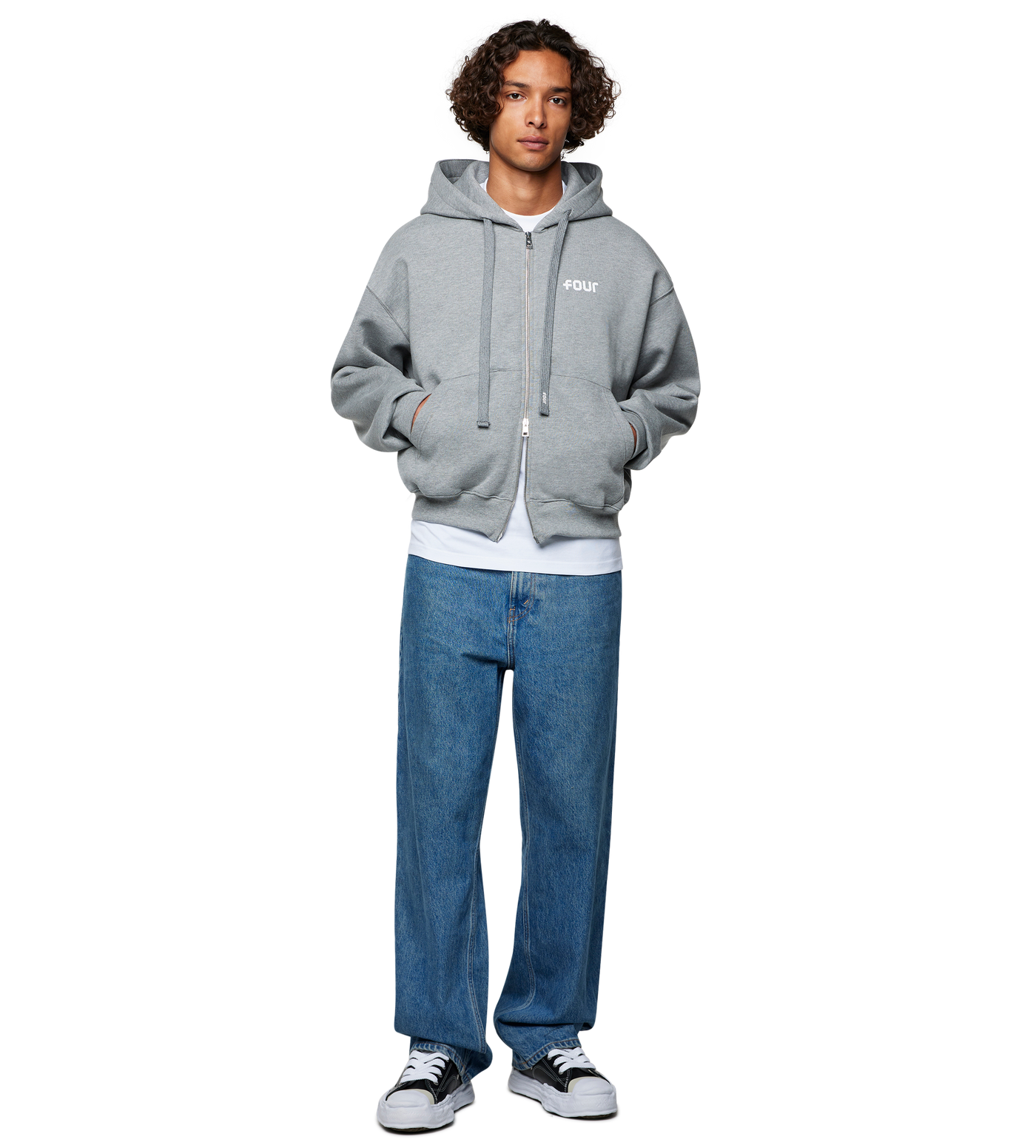 Logo Boxy Zip Up Hoodie Grey Melange