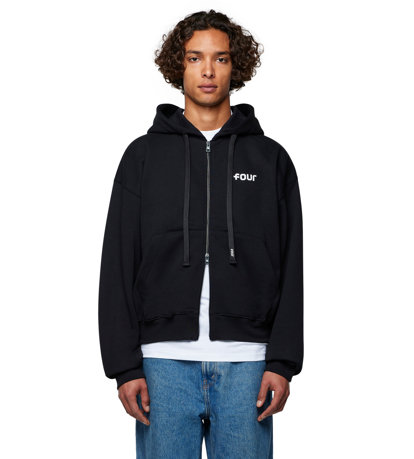 Logo Boxy Zip Up Hoodie Black