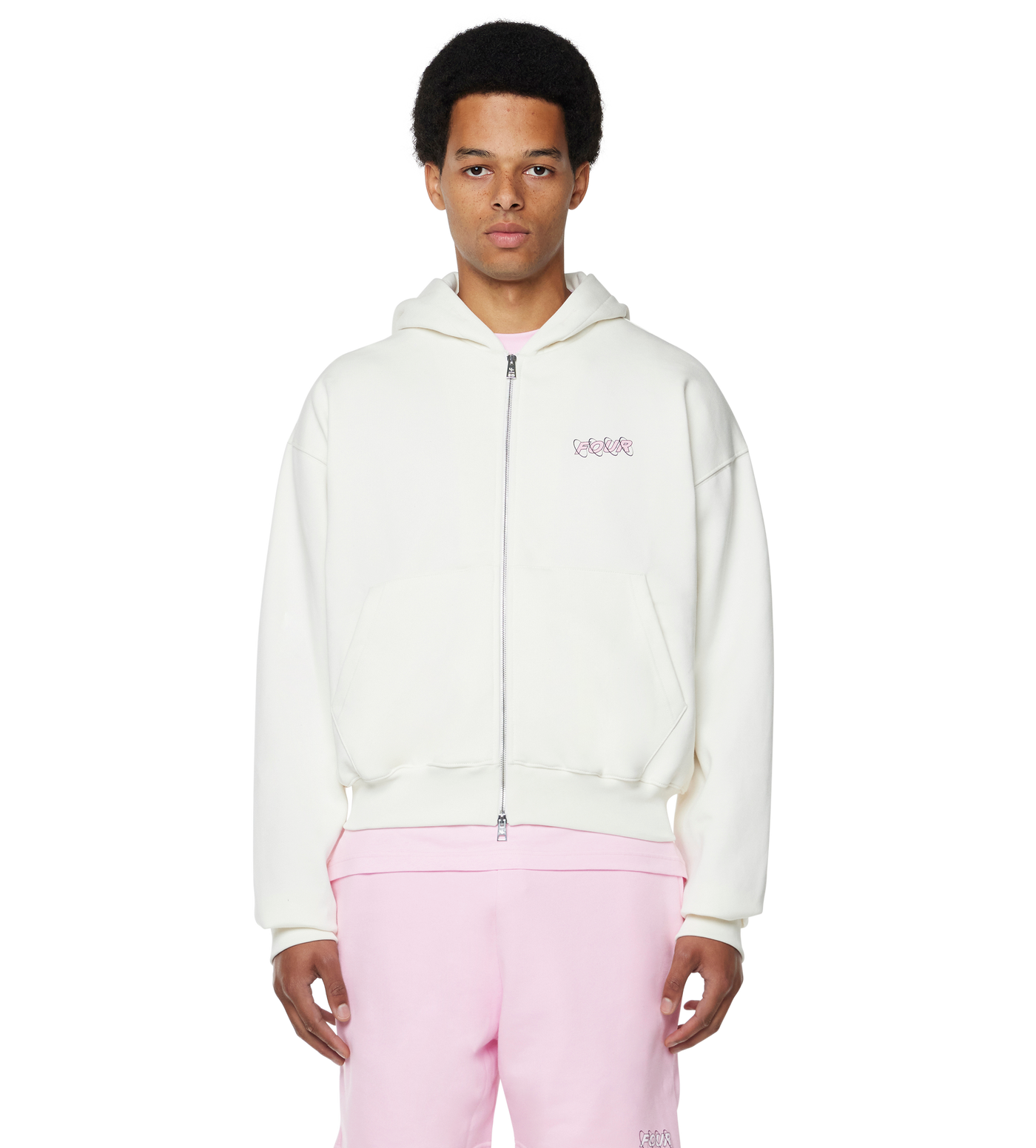 Circles Boxy Zip Up Hoodie Cannoli Cream/ Soft Pink