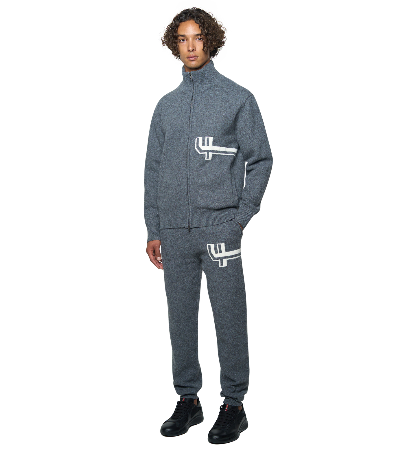 Knitted Zip Up Dark Grey/ White