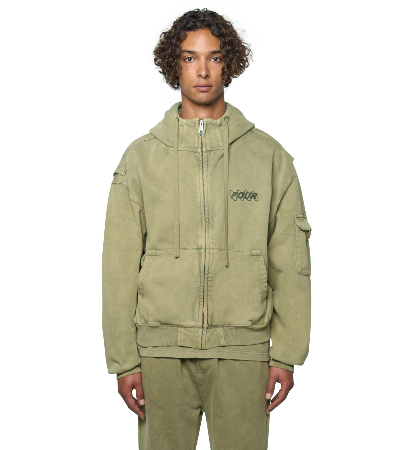 Circles Boxy Zip Up Hoodie Washed Moss Green