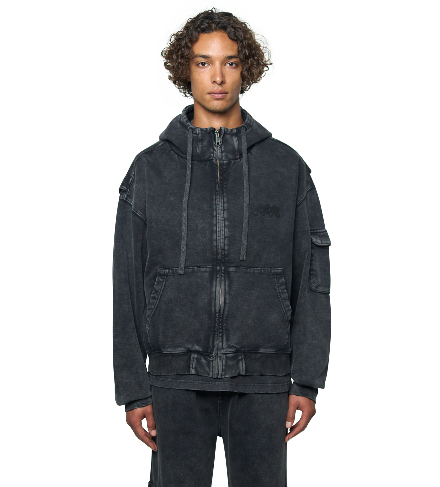 Circles Boxy Zip Up Hoodie Washed Black