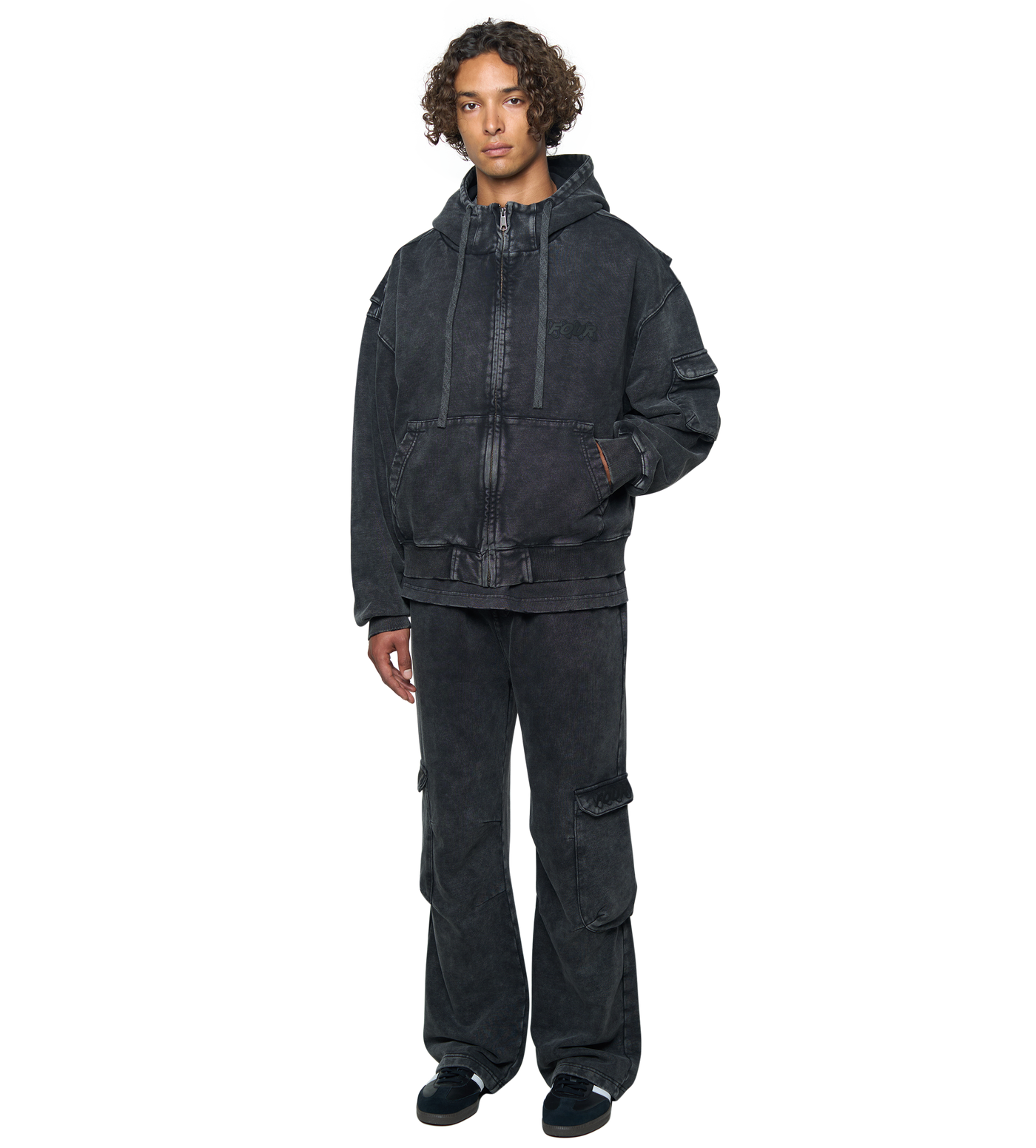 Circles Boxy Zip Up Hoodie Washed Black