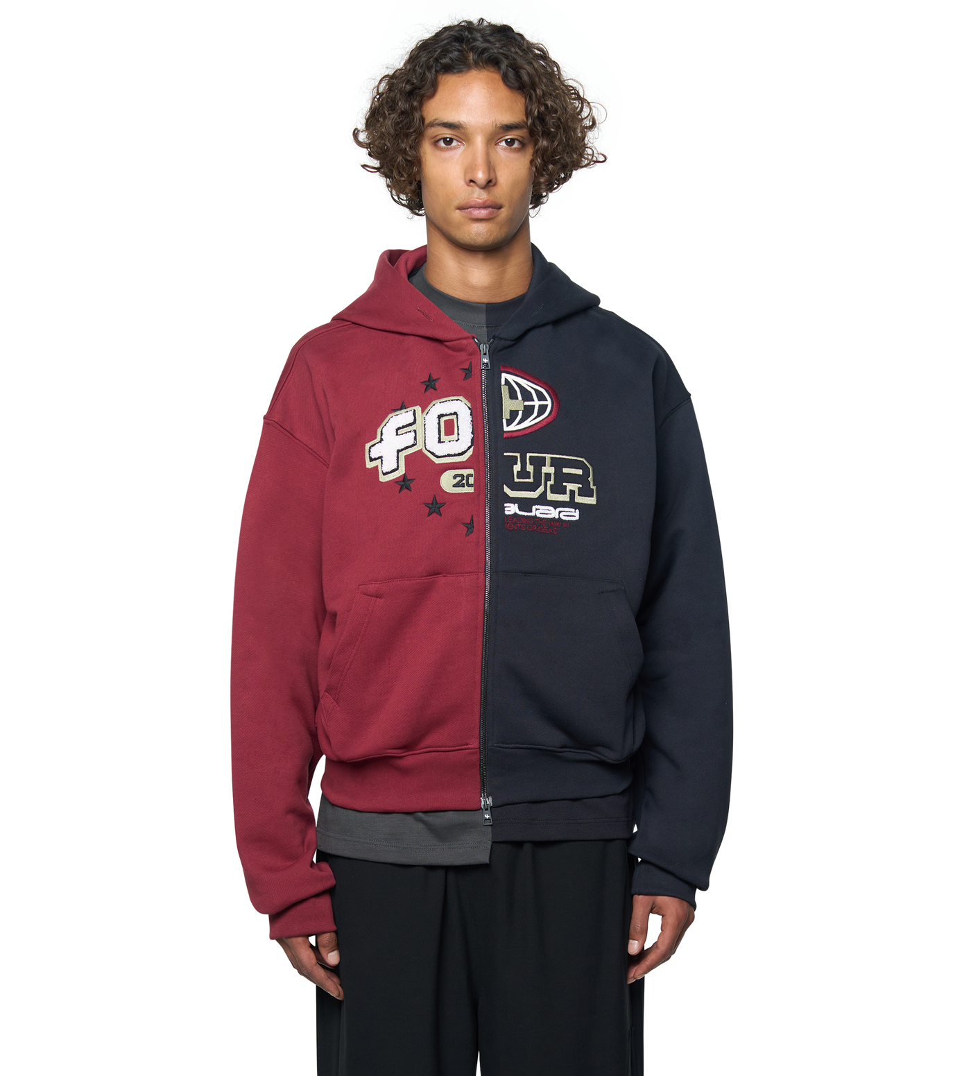 Split Zip Up Hoodie Black/ Pomegranate