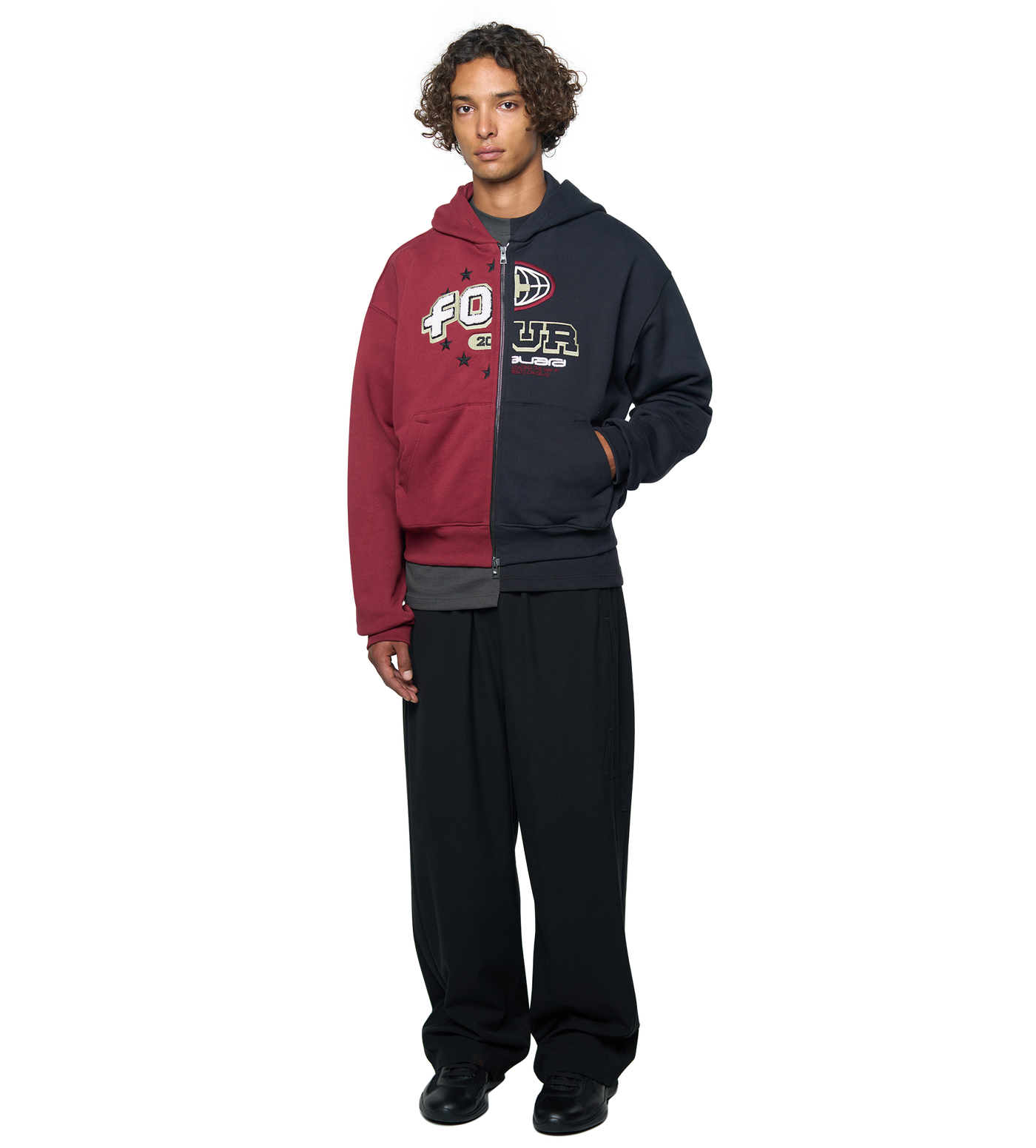 Split Zip Up Hoodie Black/ Pomegranate