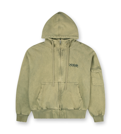 Circles Boxy Zip Up Hoodie Washed Moss Green